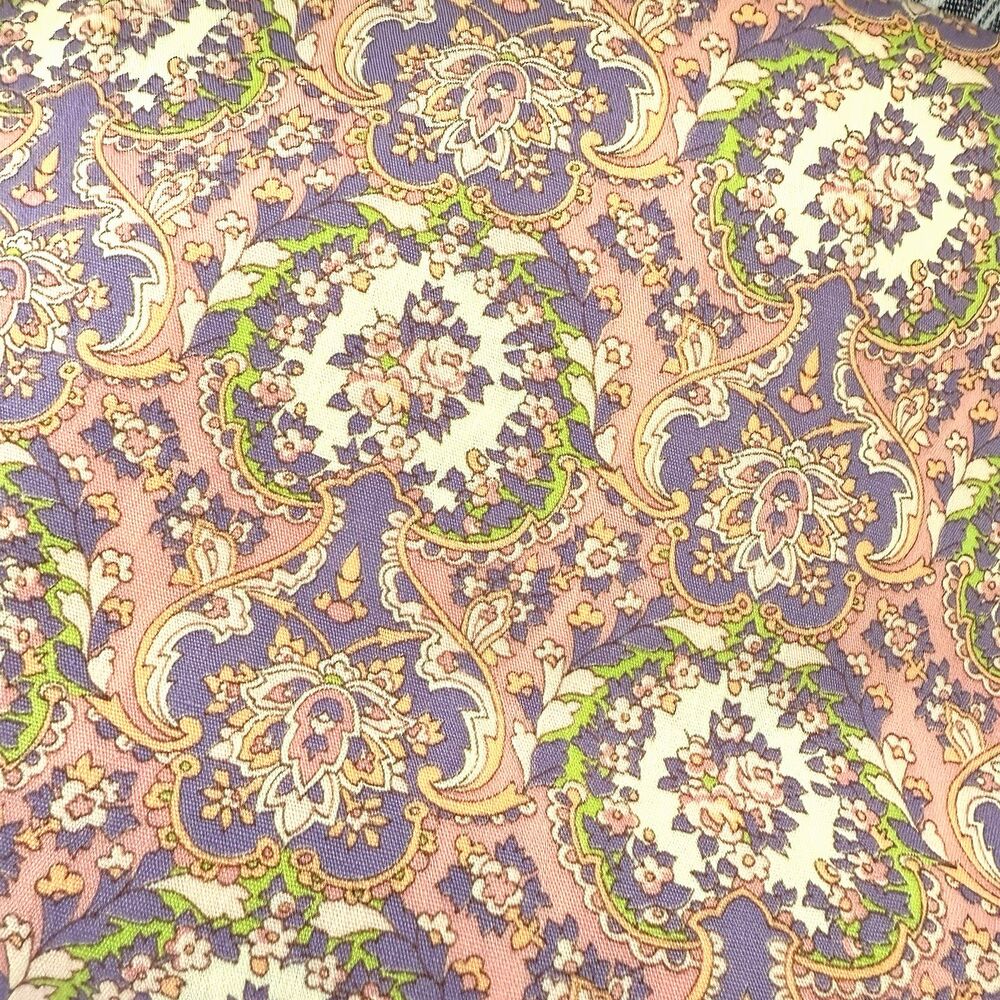 Vtg Cotton Fabric Floral Paisley Peachy Pink Purple Fluorescent Green Retro Boho